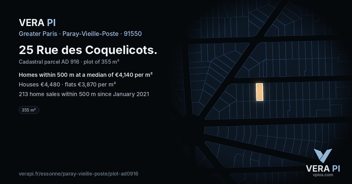 25 Rue des Coquelicots, Paray-Vieille-Poste at night – the plot lit, the parcels around coloured by the prices near them