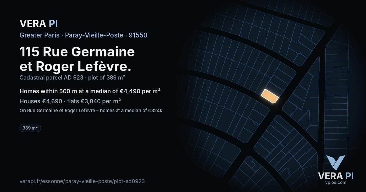 115 Rue Germaine et Roger Lefèvre, Paray-Vieille-Poste at night – the plot lit, the parcels around coloured by the prices near them