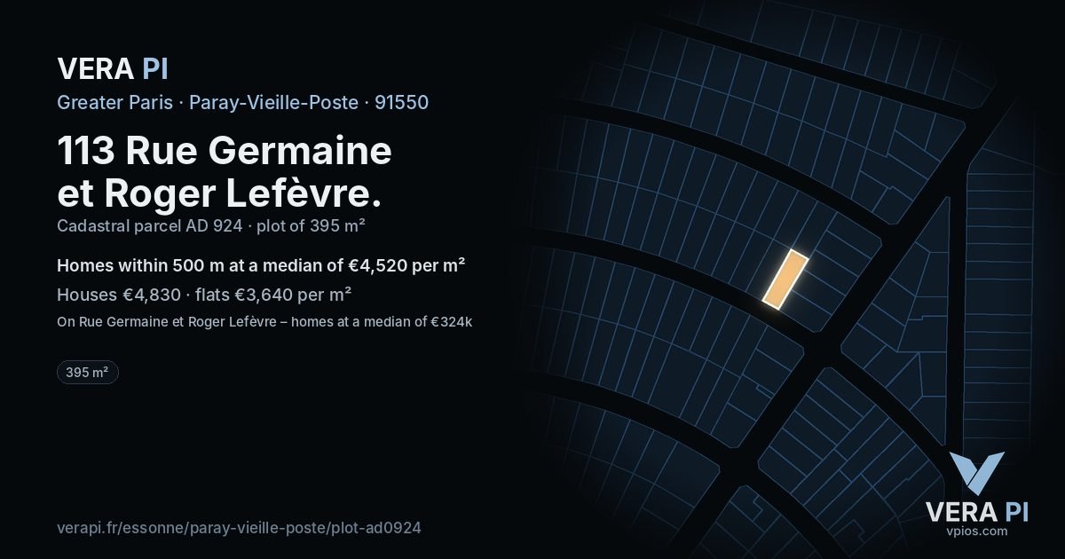 113 Rue Germaine et Roger Lefèvre, Paray-Vieille-Poste at night – the plot lit, the parcels around coloured by the prices near them