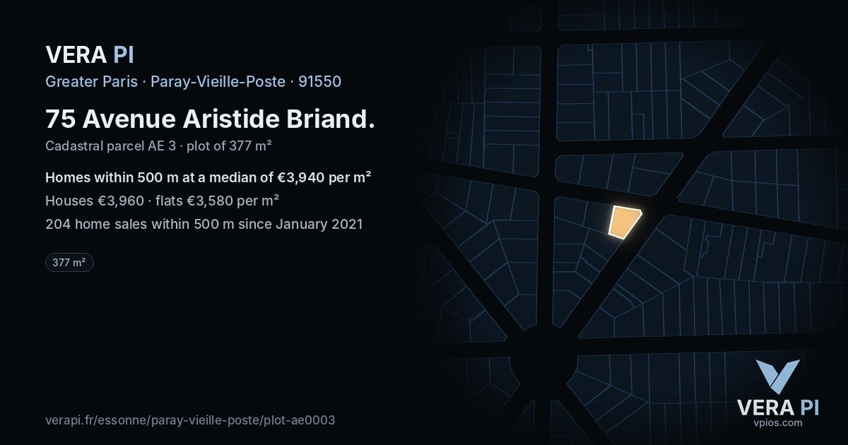 75 Avenue Aristide Briand, Paray-Vieille-Poste at night – the plot lit, the parcels around coloured by the prices near them
