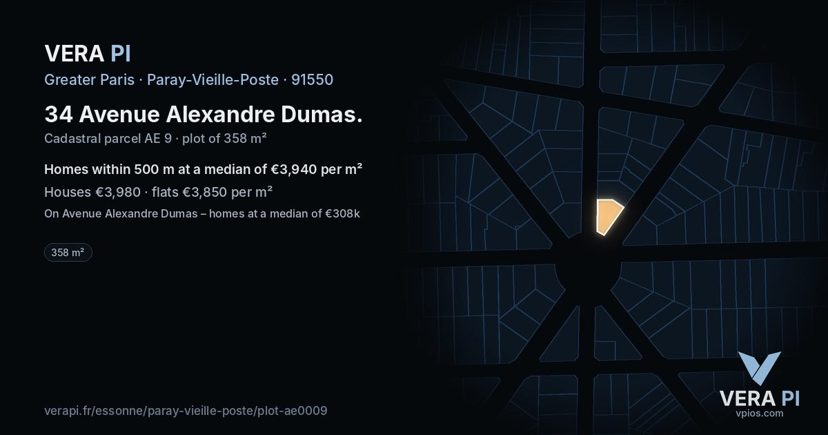 34 Avenue Alexandre Dumas, Paray-Vieille-Poste at night – the plot lit, the parcels around coloured by the prices near them