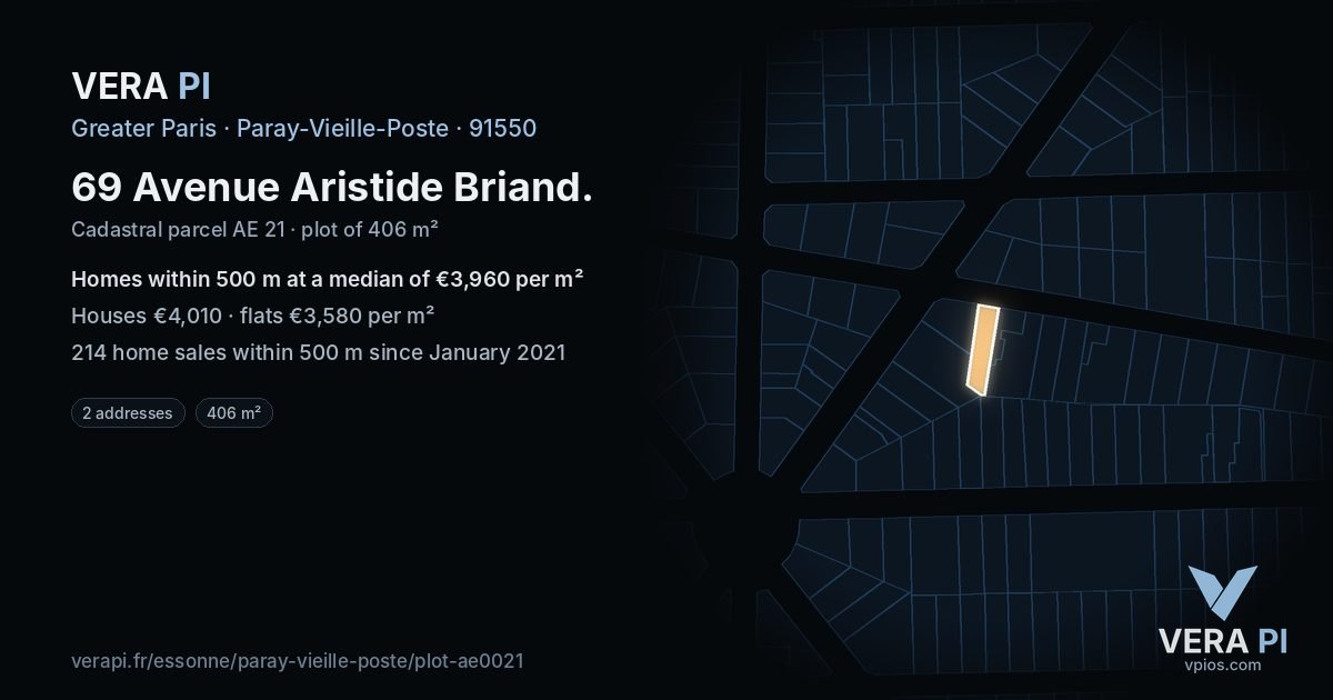 69 Avenue Aristide Briand, Paray-Vieille-Poste at night – the plot lit, the parcels around coloured by the prices near them