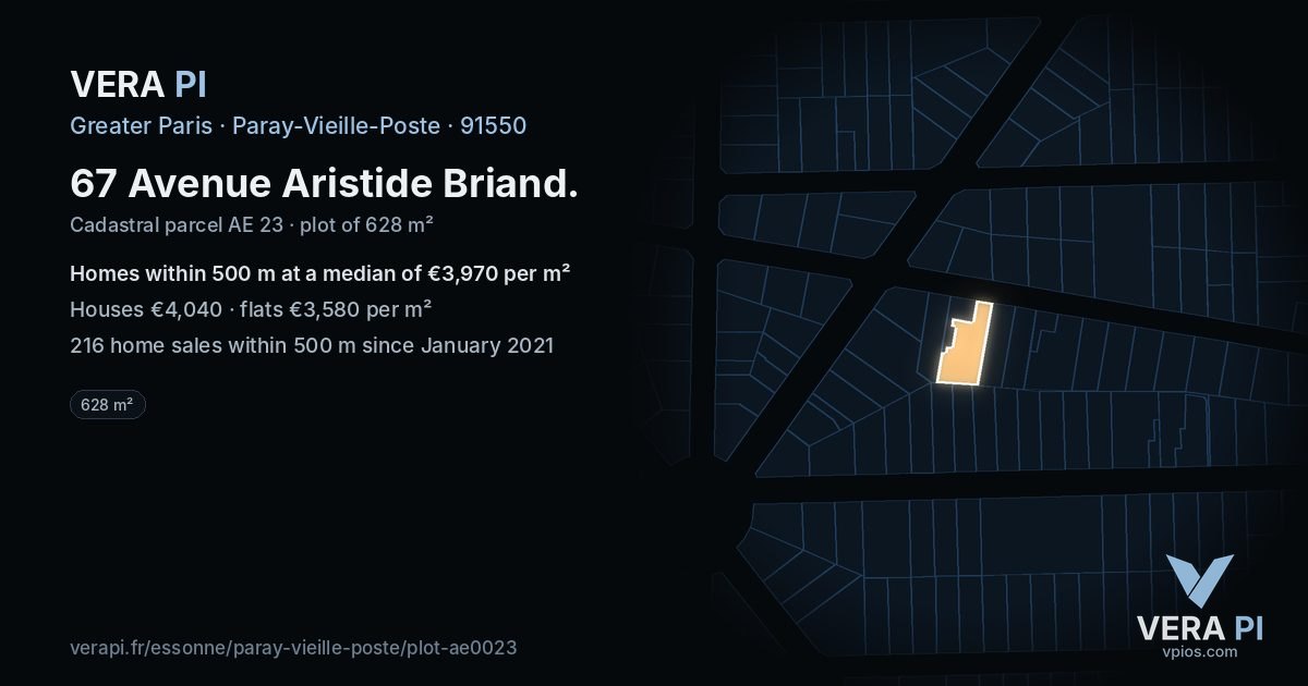 67 Avenue Aristide Briand, Paray-Vieille-Poste at night – the plot lit, the parcels around coloured by the prices near them