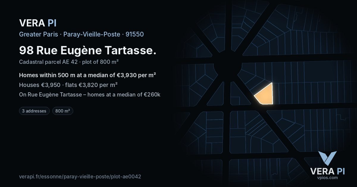 98 Rue Eugène Tartasse, Paray-Vieille-Poste at night – the plot lit, the parcels around coloured by the prices near them