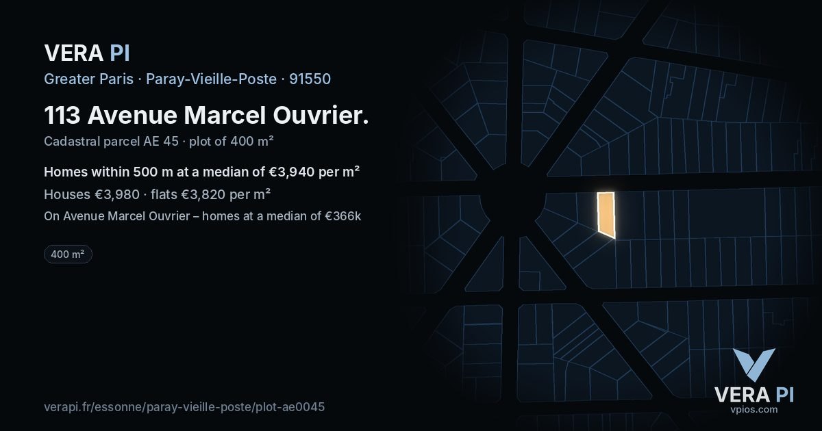 113 Avenue Marcel Ouvrier, Paray-Vieille-Poste at night – the plot lit, the parcels around coloured by the prices near them