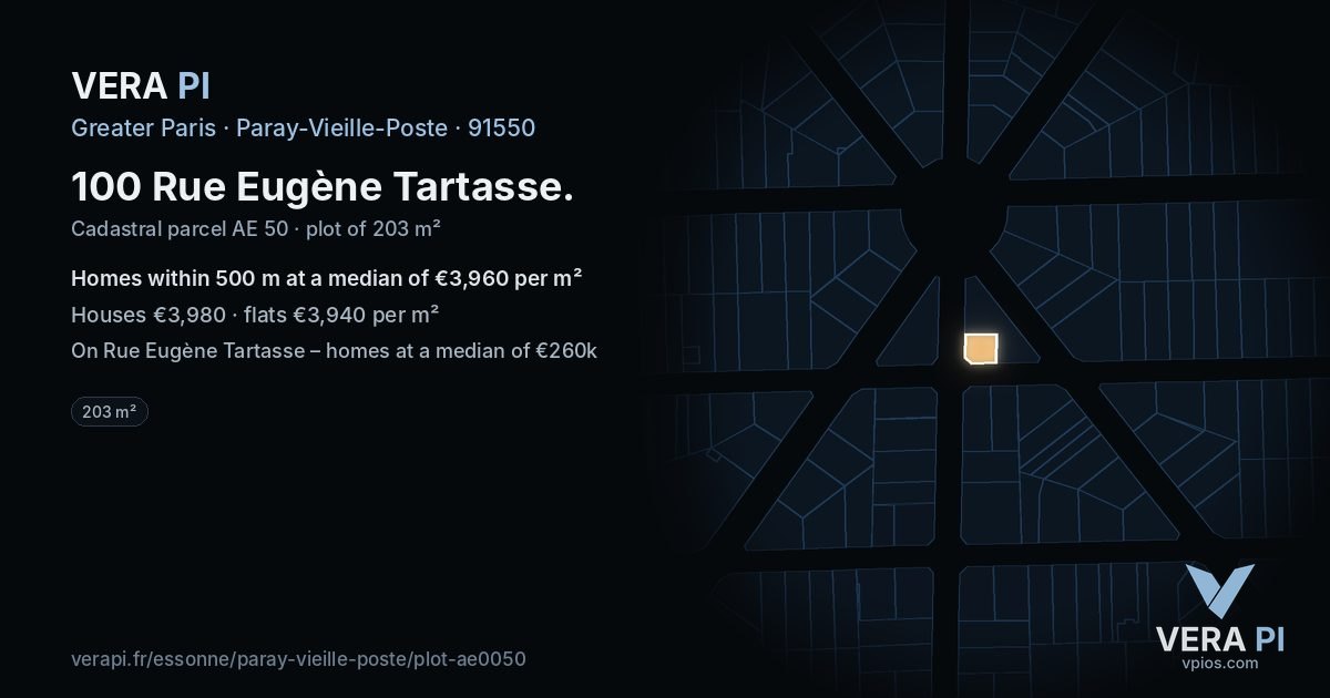100 Rue Eugène Tartasse, Paray-Vieille-Poste at night – the plot lit, the parcels around coloured by the prices near them