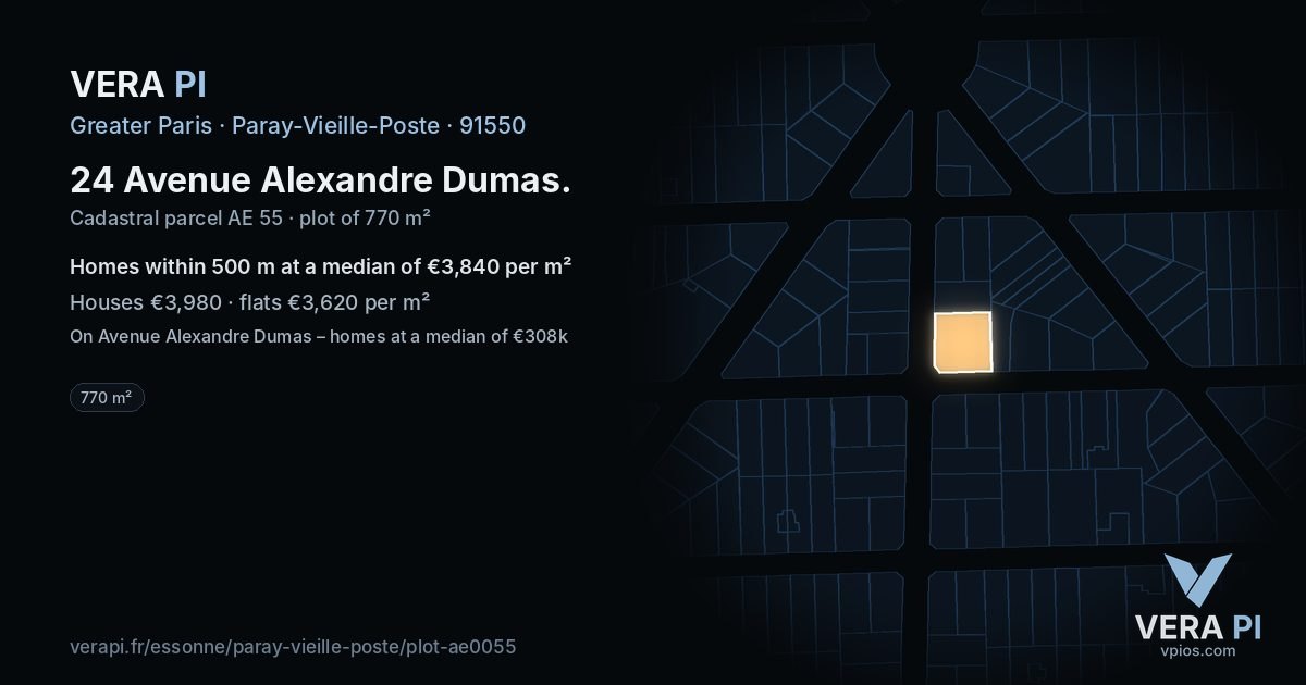 24 Avenue Alexandre Dumas, Paray-Vieille-Poste at night – the plot lit, the parcels around coloured by the prices near them