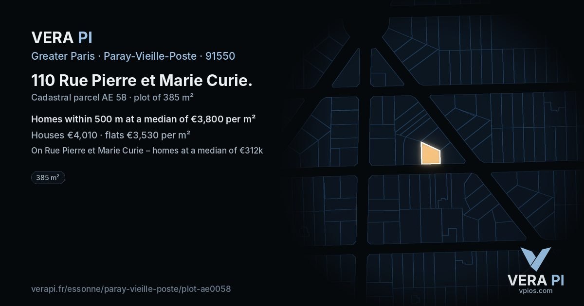 110 Rue Pierre et Marie Curie, Paray-Vieille-Poste at night – the plot lit, the parcels around coloured by the prices near them