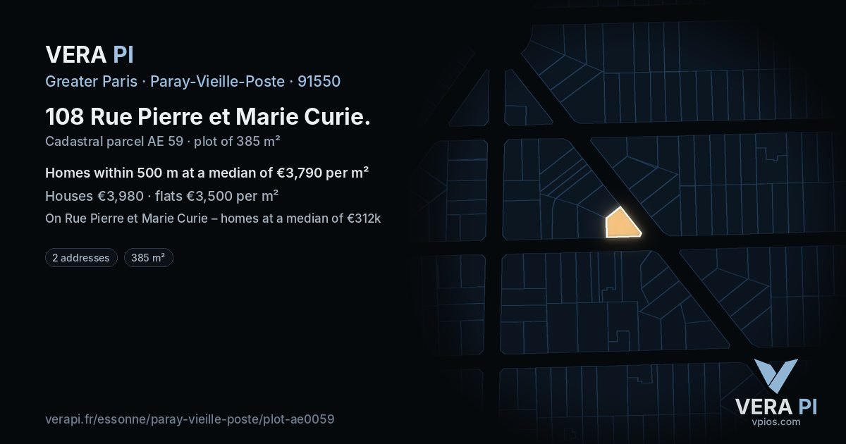 108 Rue Pierre et Marie Curie, Paray-Vieille-Poste at night – the plot lit, the parcels around coloured by the prices near them