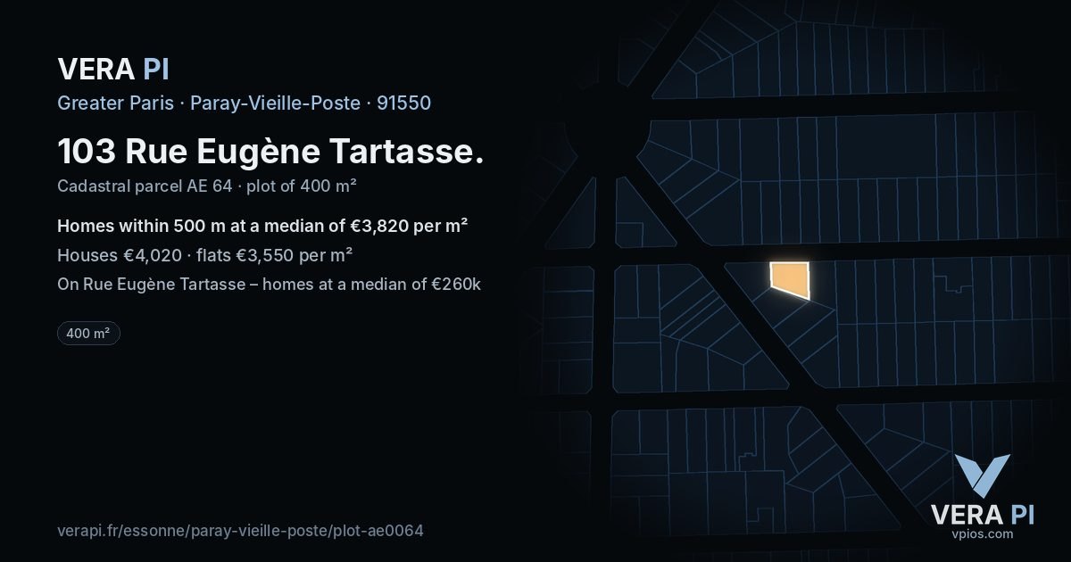 103 Rue Eugène Tartasse, Paray-Vieille-Poste at night – the plot lit, the parcels around coloured by the prices near them