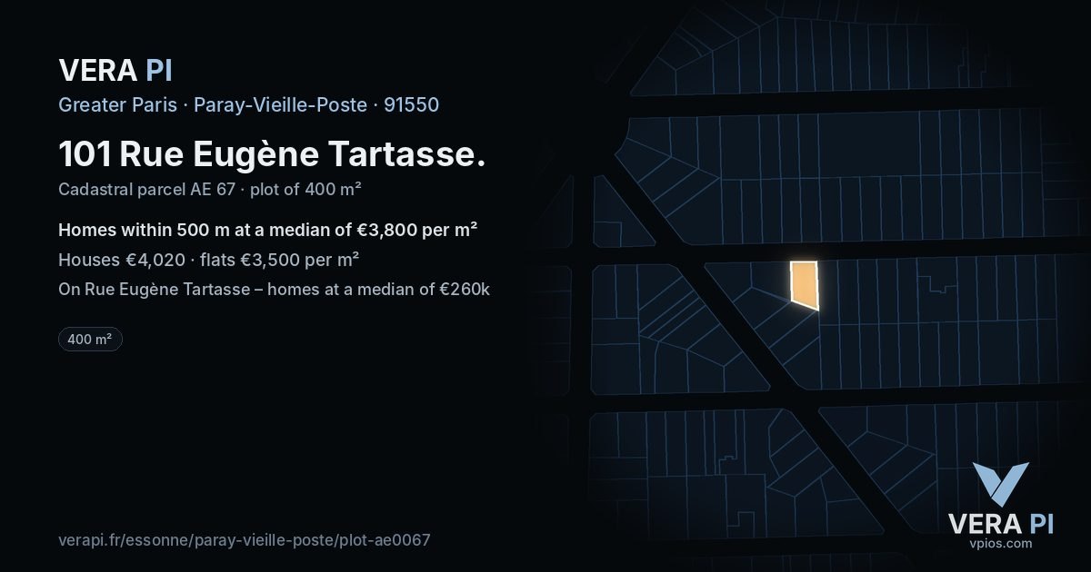 101 Rue Eugène Tartasse, Paray-Vieille-Poste at night – the plot lit, the parcels around coloured by the prices near them