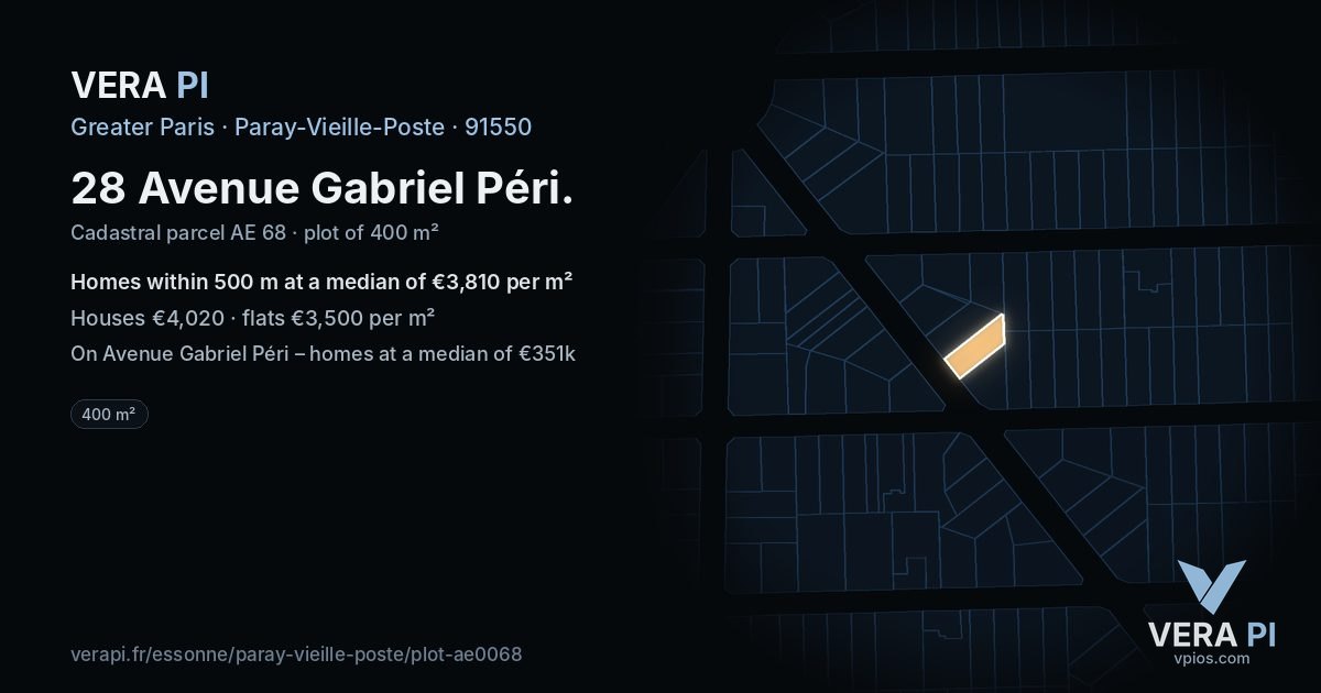 28 Avenue Gabriel Péri, Paray-Vieille-Poste at night – the plot lit, the parcels around coloured by the prices near them