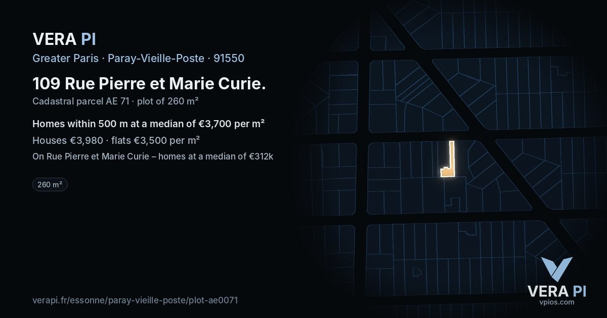 109 Rue Pierre et Marie Curie, Paray-Vieille-Poste at night – the plot lit, the parcels around coloured by the prices near them
