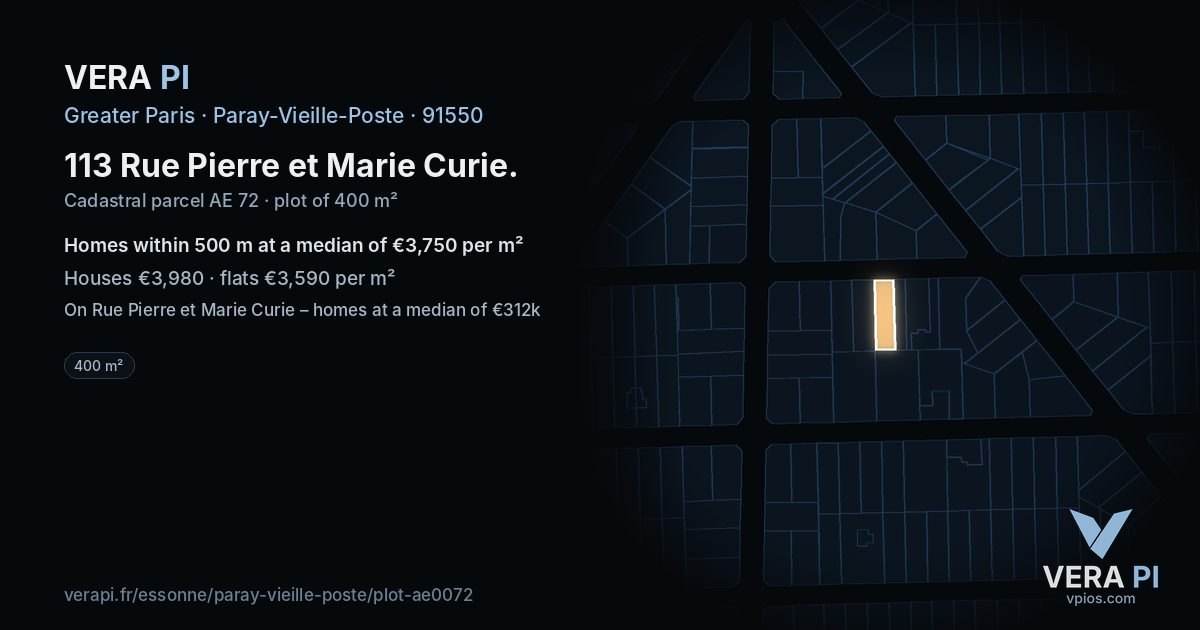 113 Rue Pierre et Marie Curie, Paray-Vieille-Poste at night – the plot lit, the parcels around coloured by the prices near them
