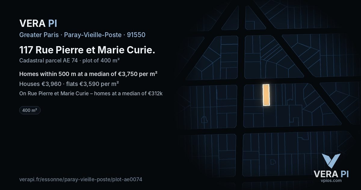 117 Rue Pierre et Marie Curie, Paray-Vieille-Poste at night – the plot lit, the parcels around coloured by the prices near them