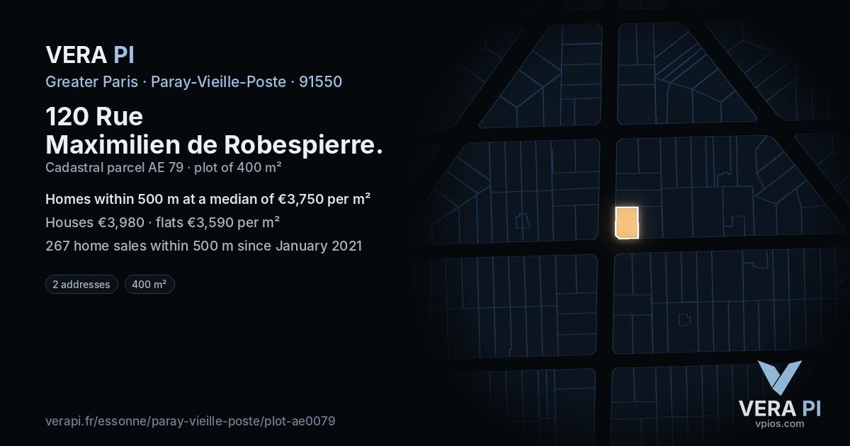 120 Rue Maximilien de Robespierre, Paray-Vieille-Poste at night – the plot lit, the parcels around coloured by the prices near them