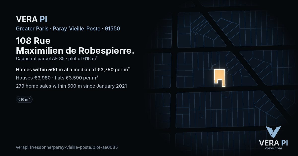 108 Rue Maximilien de Robespierre, Paray-Vieille-Poste at night – the plot lit, the parcels around coloured by the prices near them
