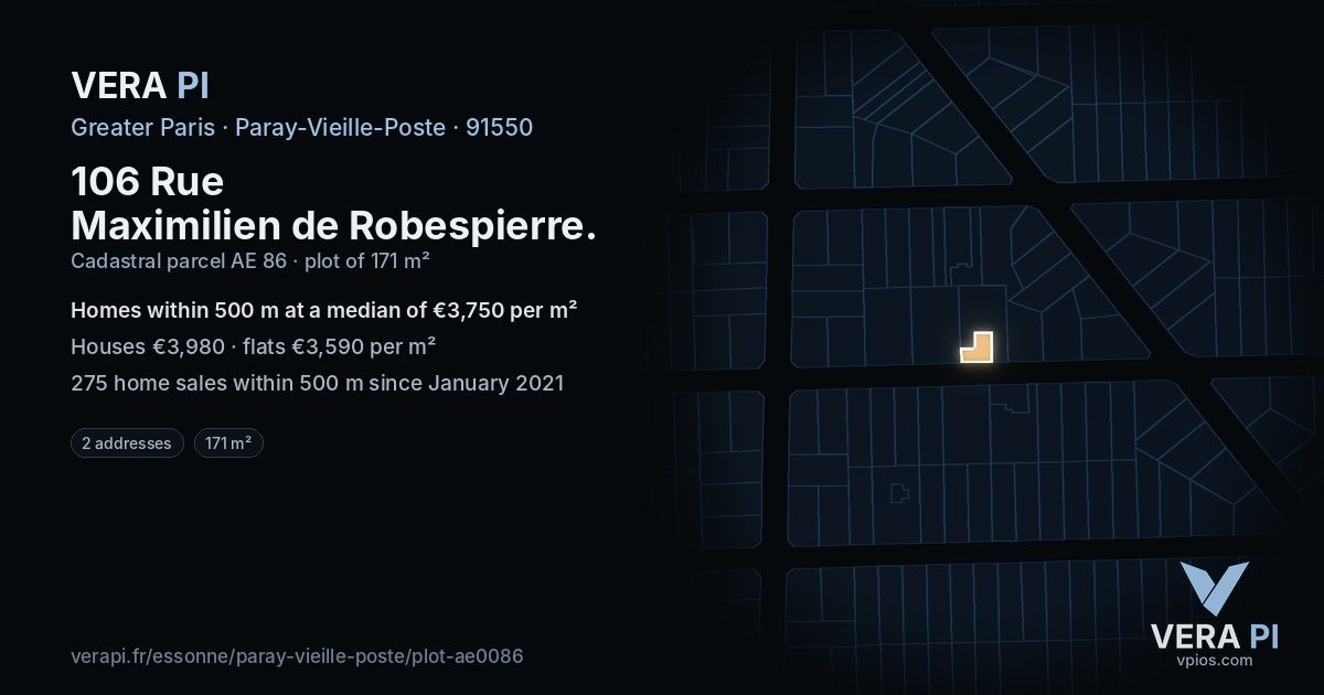 106 Rue Maximilien de Robespierre, Paray-Vieille-Poste at night – the plot lit, the parcels around coloured by the prices near them