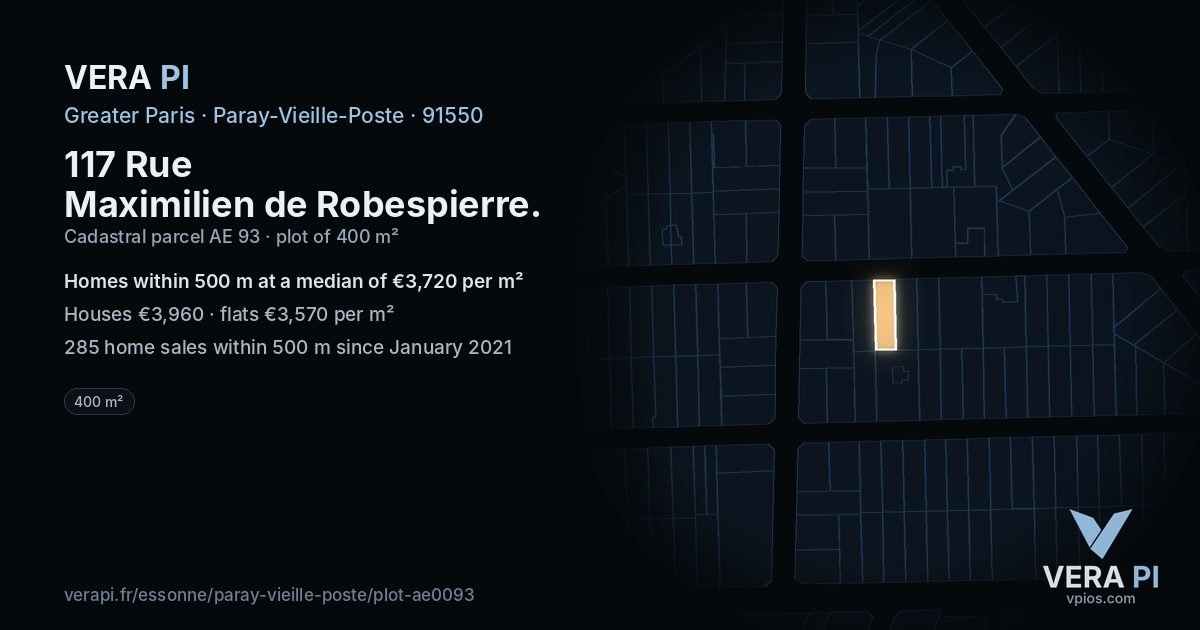117 Rue Maximilien de Robespierre, Paray-Vieille-Poste at night – the plot lit, the parcels around coloured by the prices near them