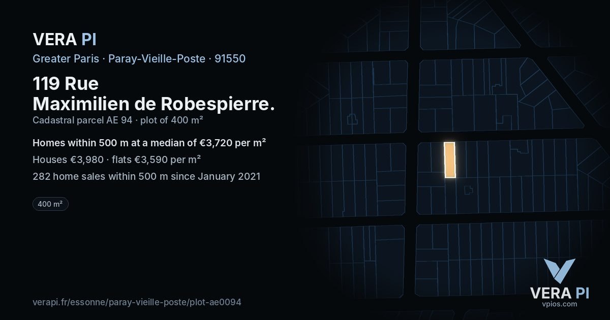 119 Rue Maximilien de Robespierre, Paray-Vieille-Poste at night – the plot lit, the parcels around coloured by the prices near them