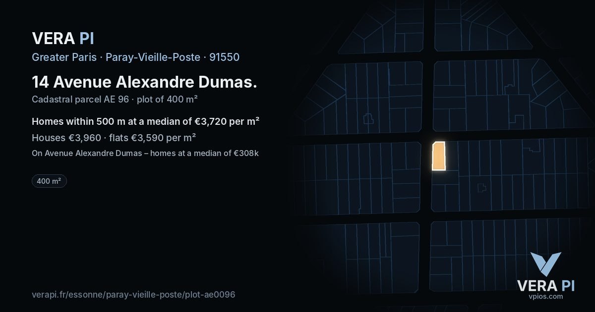 14 Avenue Alexandre Dumas, Paray-Vieille-Poste at night – the plot lit, the parcels around coloured by the prices near them