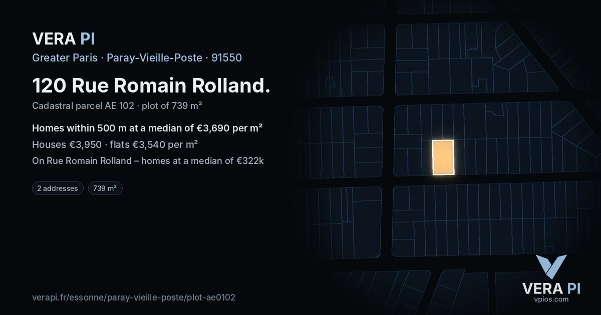 120 Rue Romain Rolland, Paray-Vieille-Poste at night – the plot lit, the parcels around coloured by the prices near them