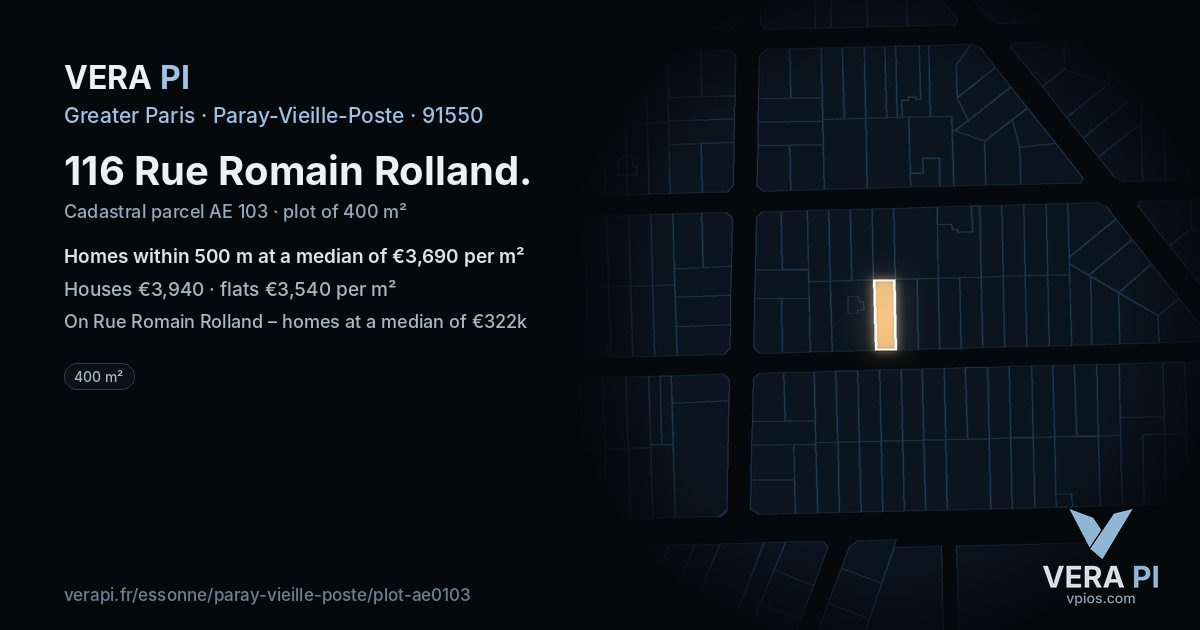 116 Rue Romain Rolland, Paray-Vieille-Poste at night – the plot lit, the parcels around coloured by the prices near them