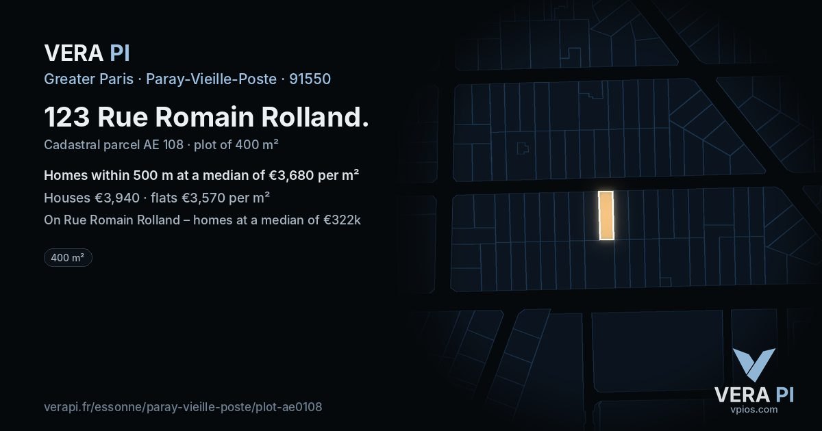 123 Rue Romain Rolland, Paray-Vieille-Poste at night – the plot lit, the parcels around coloured by the prices near them