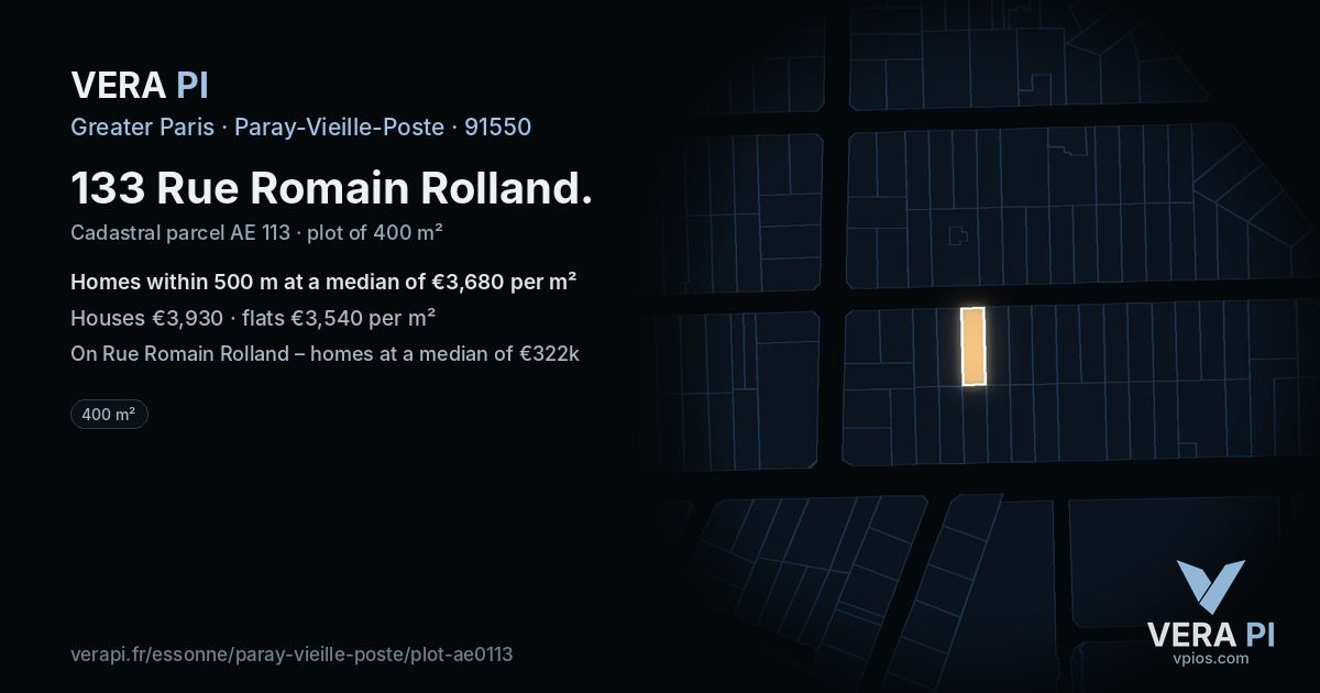 133 Rue Romain Rolland, Paray-Vieille-Poste at night – the plot lit, the parcels around coloured by the prices near them