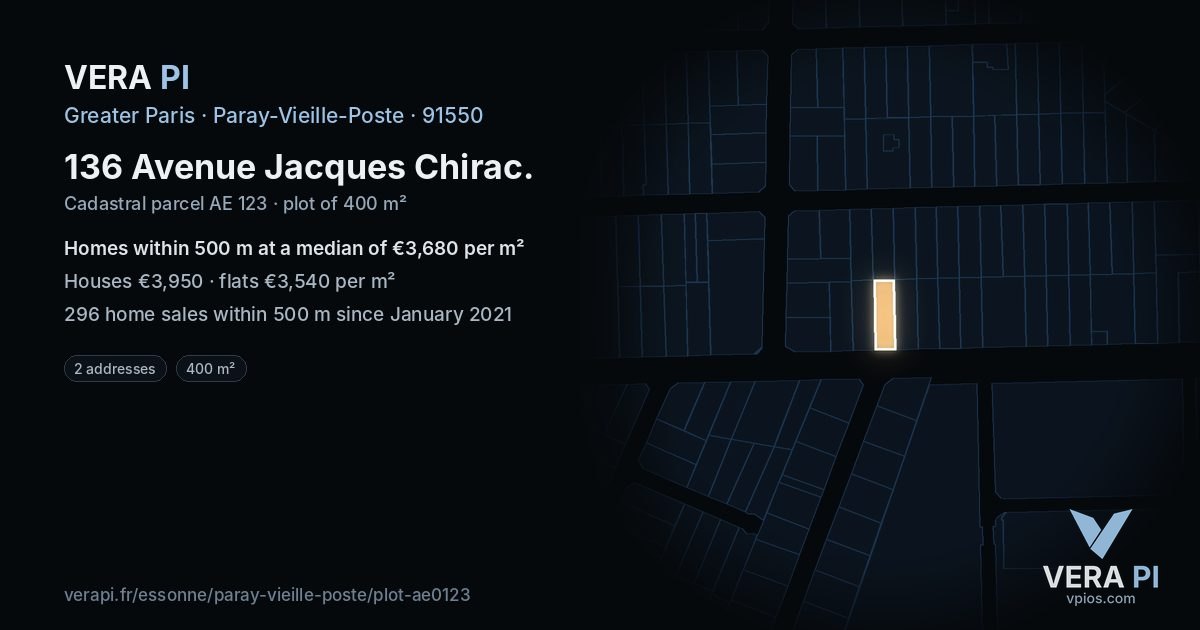 136 Avenue Jacques Chirac, Paray-Vieille-Poste at night – the plot lit, the parcels around coloured by the prices near them