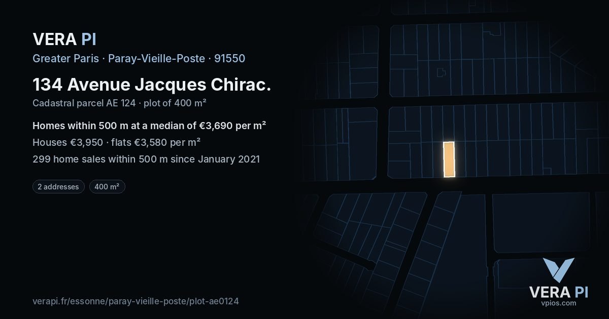 134 Avenue Jacques Chirac, Paray-Vieille-Poste at night – the plot lit, the parcels around coloured by the prices near them