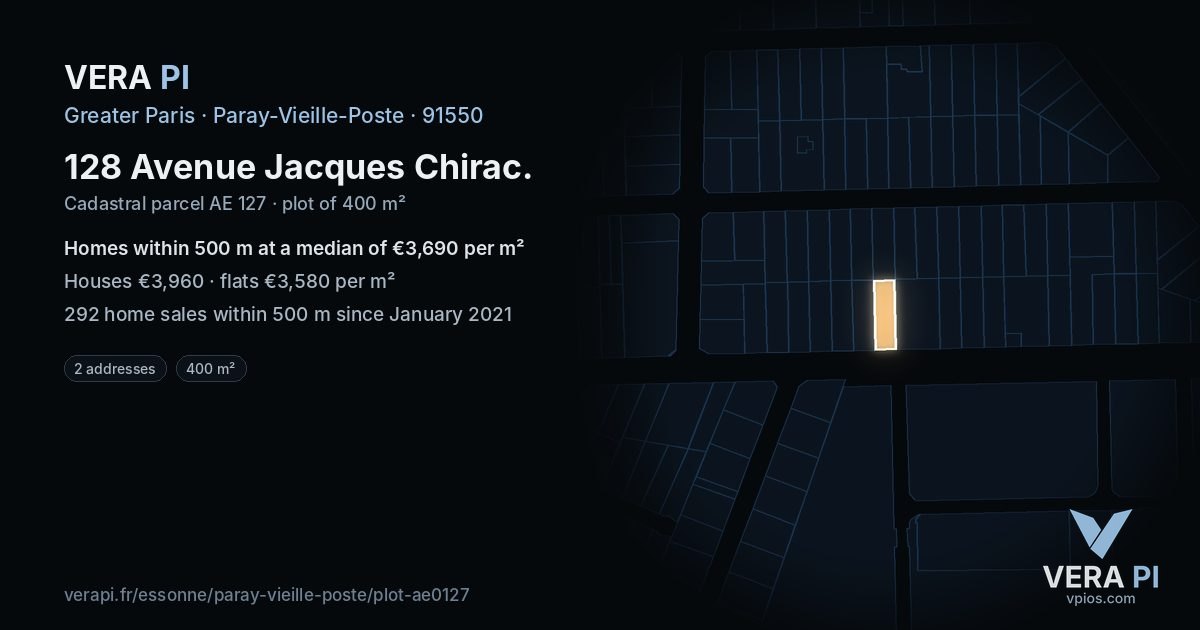 128 Avenue Jacques Chirac, Paray-Vieille-Poste at night – the plot lit, the parcels around coloured by the prices near them
