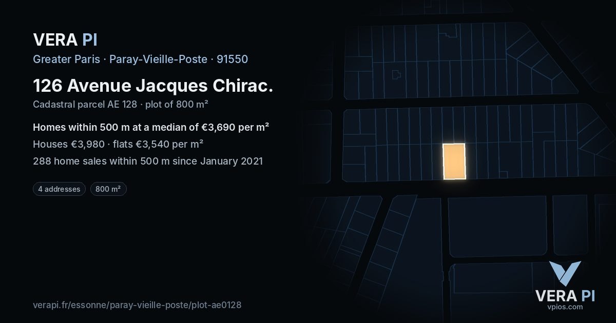 126 Avenue Jacques Chirac, Paray-Vieille-Poste at night – the plot lit, the parcels around coloured by the prices near them