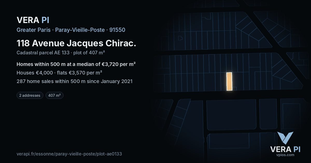 118 Avenue Jacques Chirac, Paray-Vieille-Poste at night – the plot lit, the parcels around coloured by the prices near them