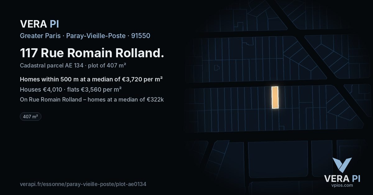 117 Rue Romain Rolland, Paray-Vieille-Poste at night – the plot lit, the parcels around coloured by the prices near them