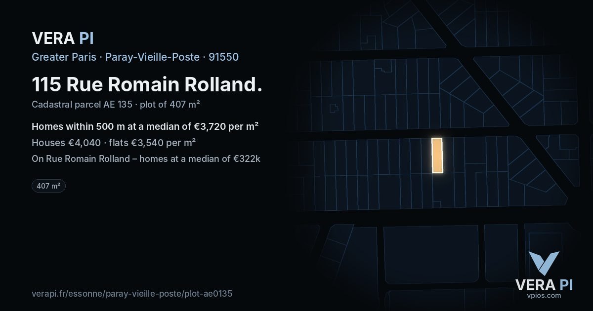 115 Rue Romain Rolland, Paray-Vieille-Poste at night – the plot lit, the parcels around coloured by the prices near them