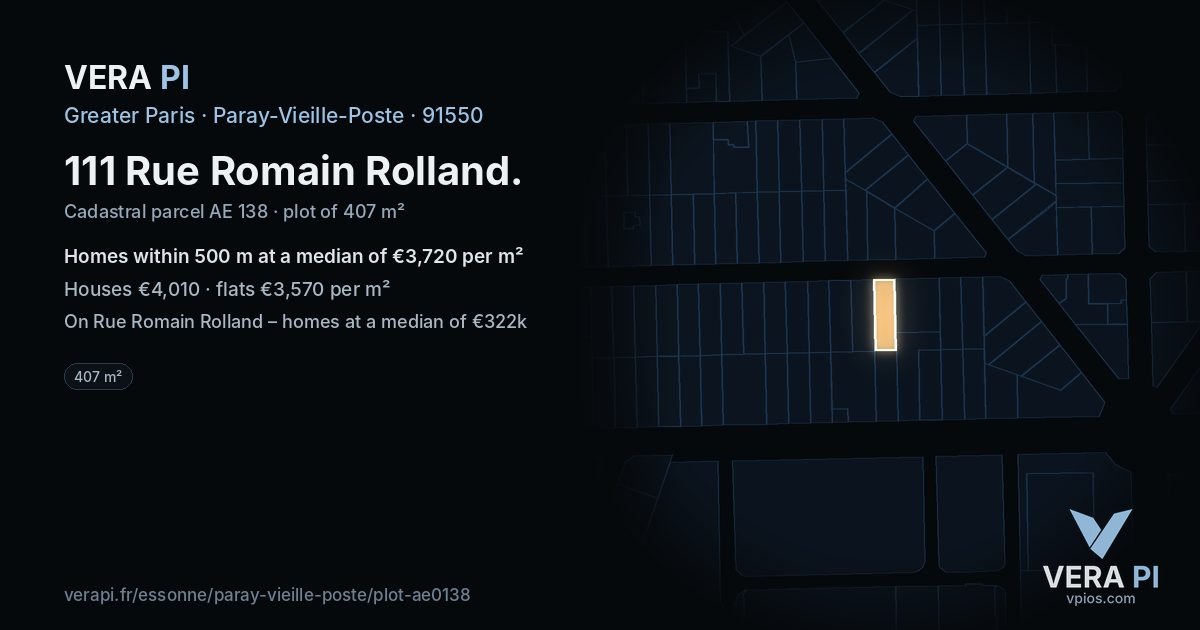 111 Rue Romain Rolland, Paray-Vieille-Poste at night – the plot lit, the parcels around coloured by the prices near them