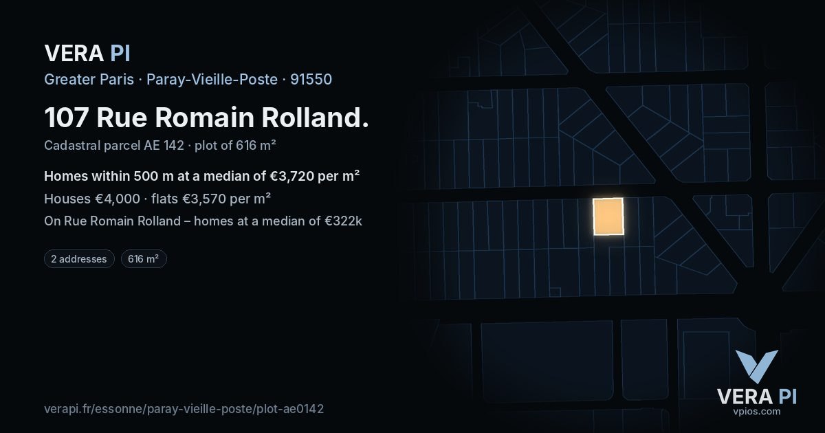 107 Rue Romain Rolland, Paray-Vieille-Poste at night – the plot lit, the parcels around coloured by the prices near them