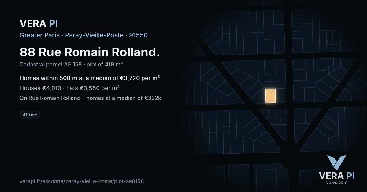 88 Rue Romain Rolland, Paray-Vieille-Poste at night – the plot lit, the parcels around coloured by the prices near them