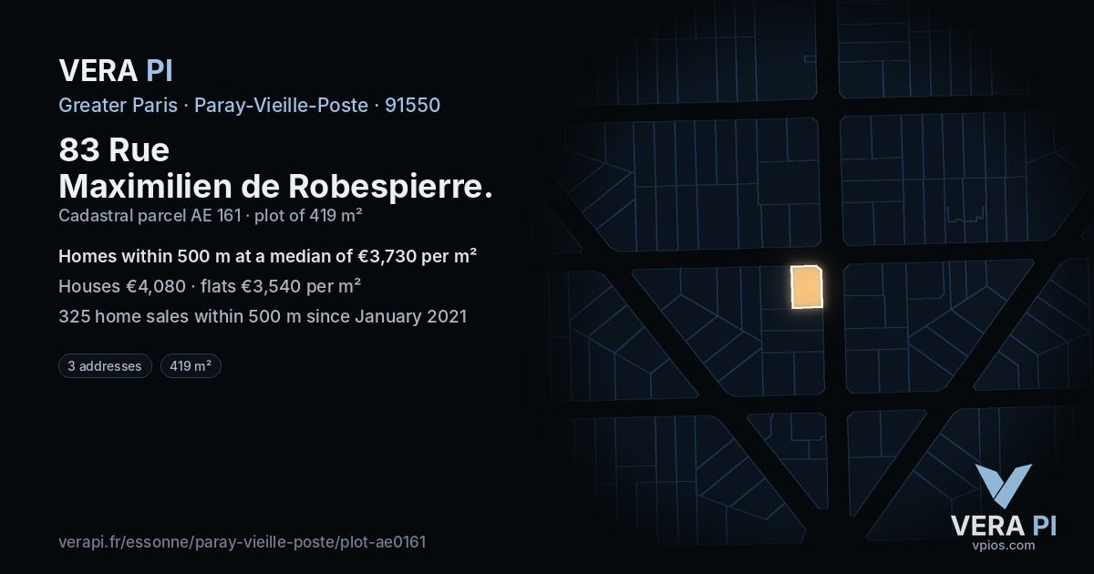 83 Rue Maximilien de Robespierre, Paray-Vieille-Poste at night – the plot lit, the parcels around coloured by the prices near them