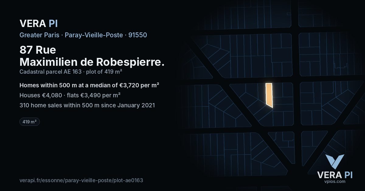 87 Rue Maximilien de Robespierre, Paray-Vieille-Poste at night – the plot lit, the parcels around coloured by the prices near them