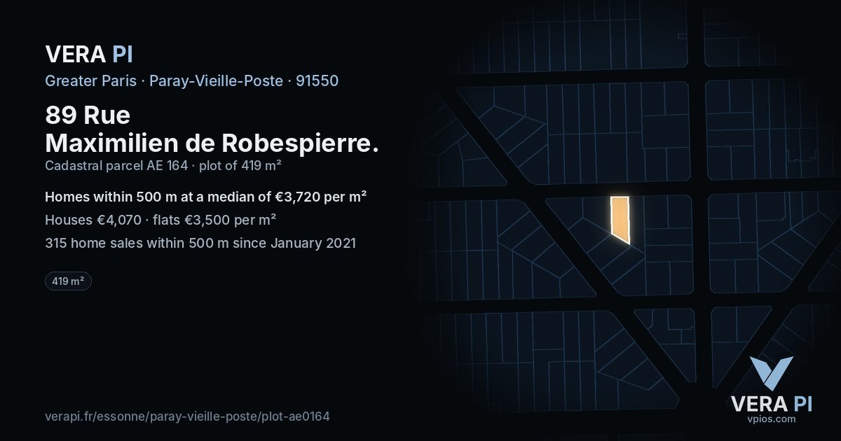 89 Rue Maximilien de Robespierre, Paray-Vieille-Poste at night – the plot lit, the parcels around coloured by the prices near them