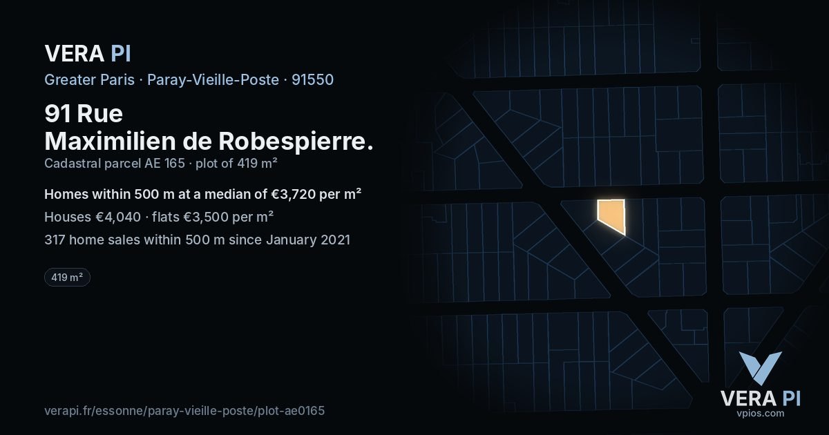 91 Rue Maximilien de Robespierre, Paray-Vieille-Poste at night – the plot lit, the parcels around coloured by the prices near them