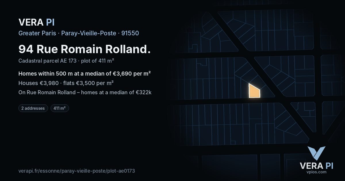 94 Rue Romain Rolland, Paray-Vieille-Poste at night – the plot lit, the parcels around coloured by the prices near them
