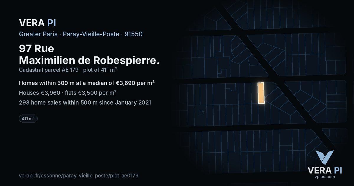 97 Rue Maximilien de Robespierre, Paray-Vieille-Poste at night – the plot lit, the parcels around coloured by the prices near them