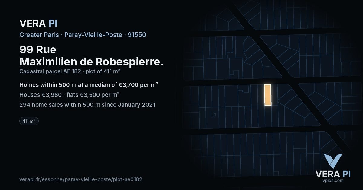 99 Rue Maximilien de Robespierre, Paray-Vieille-Poste at night – the plot lit, the parcels around coloured by the prices near them