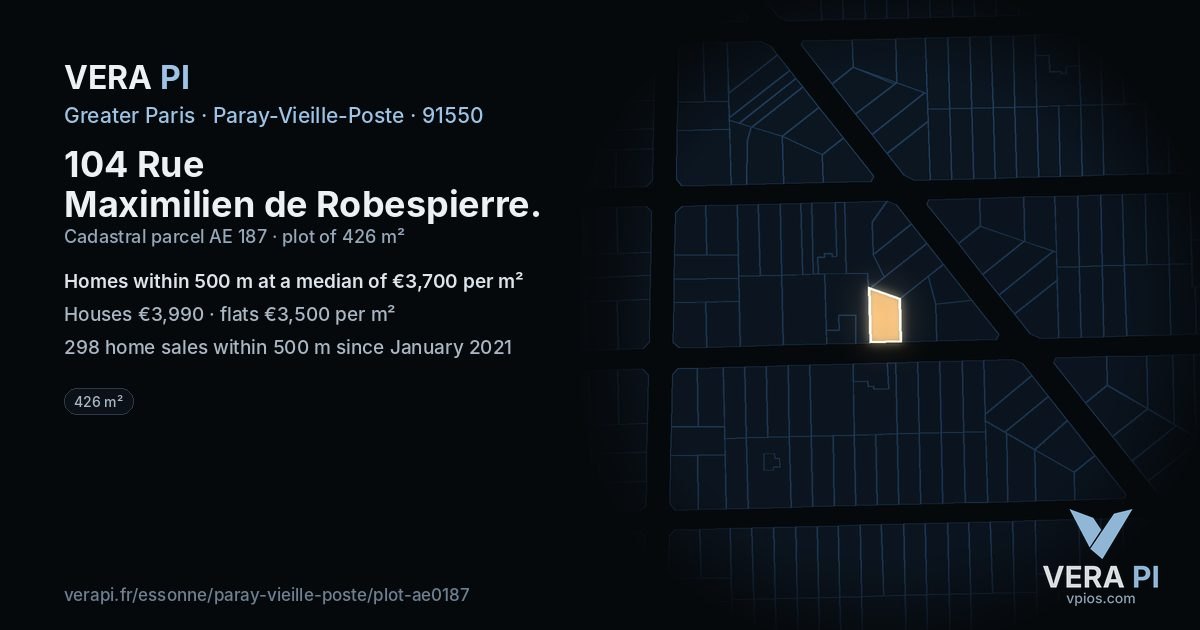 104 Rue Maximilien de Robespierre, Paray-Vieille-Poste at night – the plot lit, the parcels around coloured by the prices near them