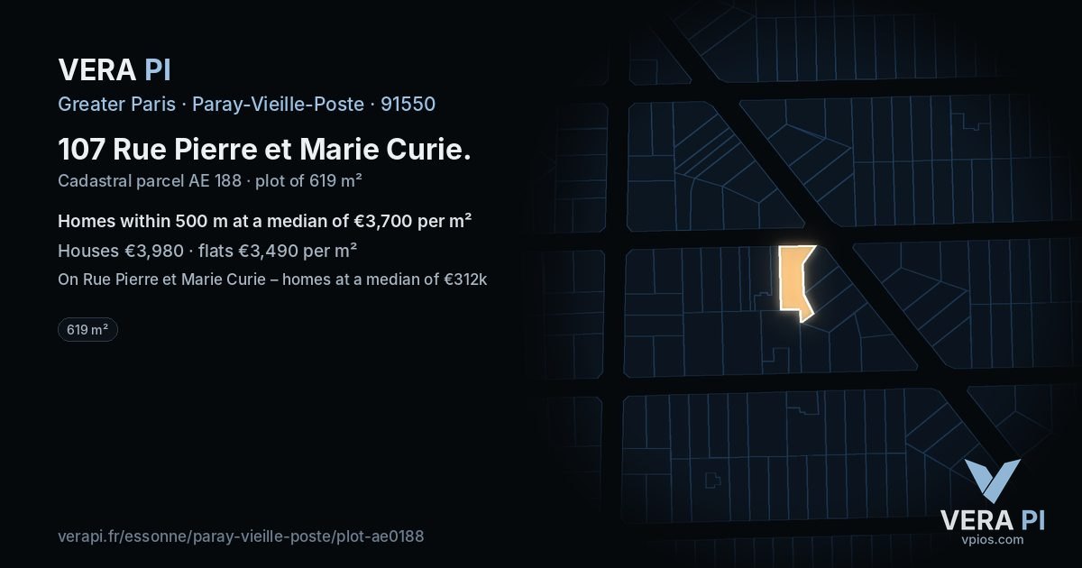 107 Rue Pierre et Marie Curie, Paray-Vieille-Poste at night – the plot lit, the parcels around coloured by the prices near them