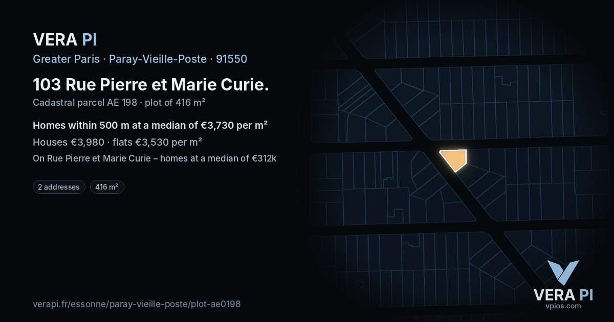 103 Rue Pierre et Marie Curie, Paray-Vieille-Poste at night – the plot lit, the parcels around coloured by the prices near them