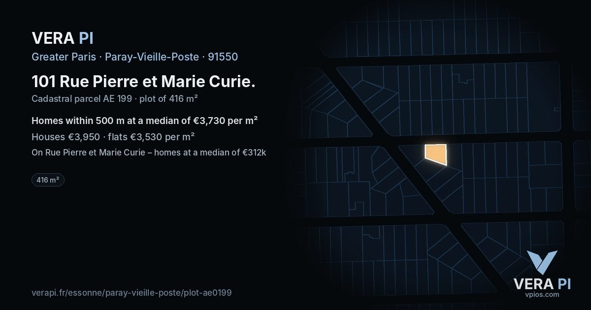 101 Rue Pierre et Marie Curie, Paray-Vieille-Poste at night – the plot lit, the parcels around coloured by the prices near them